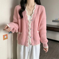 Ingvn - Autumn and Winter Fashion New Korean Heart-shaped Button Knit Cardigan Design Sense Color Blocked V-neck Loose Sweater