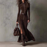 Ingvn European American Suede Maxi Dress for Women Long Sleeves O-Neck Zipper Maxi Dress Temperament Elegant High Street Dresses