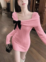 Ingvn - Women's Autumn Winter Solid Knit Dress Bodycon Sweater Coquette Versatile Mini Chic Trendy Warm Elegant Vintage