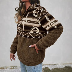 Ingvn - European American Autumn Winter New Arrival Half Zip Fleece Sweatshirt Casual Coat Geometric Pattern Stand Collar Top Women