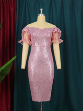Ingvn Lady Sequin Off Shoulder Prom Dress Backless Ruffle Sleeve Patchwork Pink Glitter Midi Slim Evening Occasion Party Gown Big Size