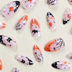 Ingvn 24pcs/set Halloween Black Spider Web Bat Short Press on Nails for Girls Medium False Nails with Glue Medium Square Cheap French