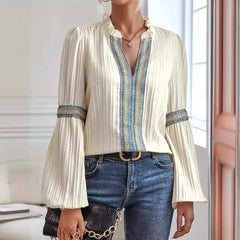 Ingvn Spring Women's Clothing Lantern Sleeve Blouse With Lace Trim Stand Collar Long Sleeve Polyester Chiffon Casual Top For Woman