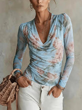 Women's V-neck Pleated Splicing Top Style Spring Autumn New Flower Printing Floral Long-sleeve Fashionable Casual Wear