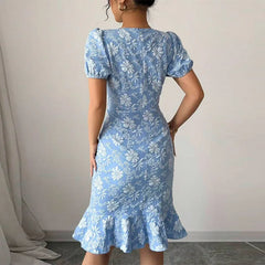 Ingvn Women's Floral Jacquard Midi Dress Puff Sleeve Ruffle Hem Bodycon Dress