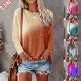 Ingvn - Women Autumn Winter Gradient Tie Dye Pocket Crew Neck Loose Long Sleeve Casual T Shirts