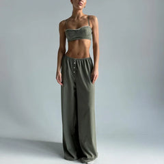 Ingvn Striped Olive Green Sexy Two Piece Set for Women Lace Trim Camisole High Waist Wide Leg Pants Casual Home Outfits