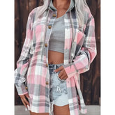 Ingvn Plus Size Women Fashion Plaid Printed Hoodies Shirt Blouse Ladies Casual Loose Long Sleeved Shirt Lapel Design Shirt Tops