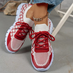Ingvn Women's Fashion Strip Plaid Knitted Sneakers Soft Sole Breathable Mesh Running Shoes for Women Lightweight Slip On Tennis Shoes