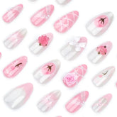 Ingvn 24Pcs Cute Pink 3d Flower Bow Almonds Medium Long Cheap False Nails Prosthetic Nail Set Sweet Paste Nails Nails Press On