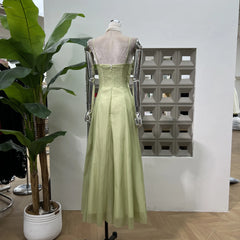 Ingvn French Casual Vacation Green Fairy Long Dress Ruffles Patchwork Sleeveless High Waist Slim A-line Evening Party Dress for Women