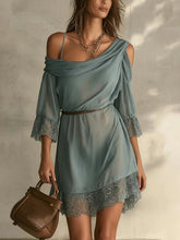 Ingvn Summer Skew Collar Elegant Lace Dress Woman Party Boho Dress short Sleeves Fashion Date Night Evening Short Dresses