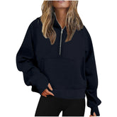 Ingvn - Autumn Winter New Arrival Womens Sports Half Zip Loose Solid Color Versatile Cropped Hooded Fleece Casual Pullover Sweatshirt