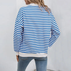 Ingvn - Women Striped Pullover Hoodie Loose Long Sleeve Autumn Winter Casual Zipper Polo Collar Sweatshirt
