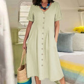 Ingvn Spring Summer New Solid Color Loose High Waist Cotton Linen Dress