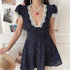 Ingvn Chenopod Spring Summer Lace V-neck Bubble Sleeve Polka Dot Waist-cinching Holiday Dress Short A-line Skirt French Style Polye...
