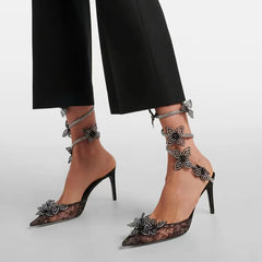 Ingvn Fashion Mesh Lace Fowers Women Pumps Sandals Sexy Snake Coild Rhinestones Stiletto High heels Summer Autumn Wedding Prom Shoes