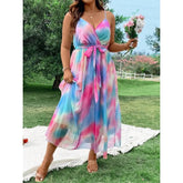 Ingvn Plus Size 1XL-5XL New Fashion Women Clothing Floral Sexy Evening Dresses Elegant and Beautiful Halterneck Long Dresses Mesh Hem