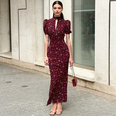 Ingvn Spring Summer Women's Clothing Deep V Neck Short Sleeve Slim Long Dress For Woman Polyester High Waist Elegant Floral Bodycon