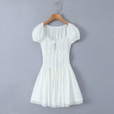 Ingvn Sweet Women Ruched Chest Fish bow Waist Corset Style Dress Short Sleeve Cross Bandage Lacing up Back Bodycon Mini Party Robe