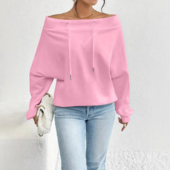 Ingvn - Women's Royal Blue Off-the-shoulder Boat Neck Sweatshirt Long Sleeve Drawstring Design Casual Fashion Loose Pullover