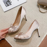 Ingvn Ballet Style Luxury Satin Bowknot Pleated Design Women Pumps Fashion Spring Summer Stiletto High heels Ladies Party Dress Shoes