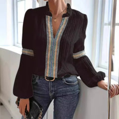 Ingvn Spring Women's Clothing Lantern Sleeve Blouse With Lace Trim Stand Collar Long Sleeve Polyester Chiffon Casual Top For Woman
