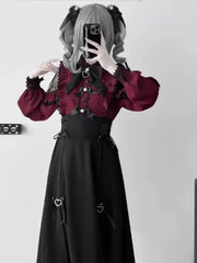 Ingvn Japanese Lolita Lace Patchwork Shirts Women + New Slim high Waist Midi Black Skirts sweet kawaii Two Piece Sets