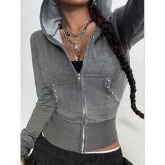Ingvn - European American Style Spring Autumn New Hooded Womens Sweatshirt Fashion Trendy Slim Fit Versatile Beaded Cardigan Coat