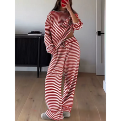 Ingvn - Women's 2 Piece Loungewear Set Red White Stripe Oversized Long Sleeve Top Wide Leg Pants Casual Loose Home Wear Outfit