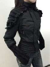 Ingvn Vintage Harajuku Korean Gothic Womens Hooded Black Jacket Loose Fur Collar Coat Subcultural Youth Casual Street Daily Outfit