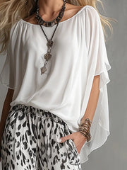 Ingvn Summer Chiffon Outfits Woman Matching Two Piece Set for Women Solid Color Bating Sleeve Top & Leopard Print Wide Leg Pant