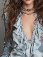 Ingvn Women Satin Floral Print Blouse Lapel V‑Neck Lace Ruffle Trim Long Flare Cuff Sleeve Shirt Elegant Vintage Boho Shirt Blouse