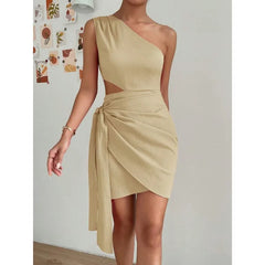 Ingvn Women's One Shoulder Cutout Wrap Mini Dress Tie Waist Bodycon Party Dress Elegant Clubwear