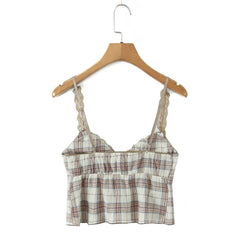 Ingvn Summer Sexy Plaid Spliced Lace Bow V neck Camis Women Elastic Chest Line Crop Top Camisoles Bra Tank Vest