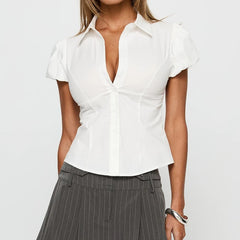 Ingvn Women's Collared Puff Short Sleeve V‑Neck Shirts Button-down Front Ruched Slim Fit Y2K Casual Lapel Cropped Blouses