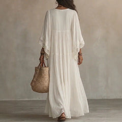 Ingvn Vintage Solid Long Dresses New Women Boho Lace Trim Deep V Neck Flowy Maxi Dresses Ladies Fashion Beach Holiday Party Vestidos