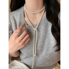Ingvn Vintage Imitation Pearl Long Chain Necklace for Women Elegant Classic Multilayer Pearl Clavicle Chain Necklaces Jewelry Gift