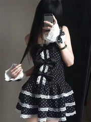 Ingvn Black Vintage Lolita Dress Women Gothic Y2K Sleeveless Lace Slim Dress Spicy Girl Elegant Daily Streetwear