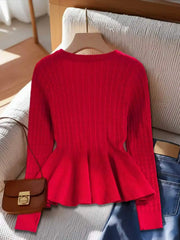 Ingvn - Women V‑Neck Knit Cardigan Bow‑Shaped Metal Buttons Peplum Hem Long‑Sleeve Slim‑Fit Cable Knit Sweater With Pockets