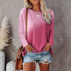 Ingvn - Women Autumn Winter Gradient Tie Dye Pocket Crew Neck Loose Long Sleeve Casual T Shirts