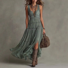 Ingvn Women's Boho Tiered Maxi Dress Sleeveless V-Neck Pleated Flowy Dress Vintage Inspired Chic Casual Vacation Long Dress for Woman