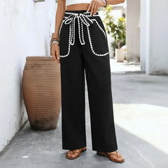 Ingvn Summer Spring Women's Clothing High Waist Wide Leg Casual Pants With Drawstring Loose Fit Tapered Polyester Long Trousers