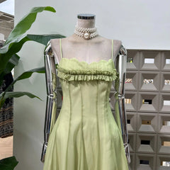 Ingvn French Casual Vacation Green Fairy Long Dress Ruffles Patchwork Sleeveless High Waist Slim A-line Evening Party Dress for Women