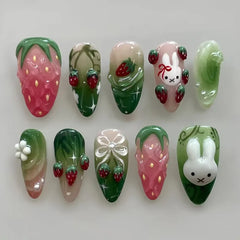 Ingvn 24Pcs Green Oval False Nails with Strawberry Design Wearable Mid-length Almond Press on Fake Nails Rabbit Pattern Nail Art Tip