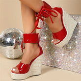 Ingvn - Summer Fashion Lace Up Cover Strap Women Wedge Sandals Straw Rope Weave Platform High Heels Open Toe Party Dress Shoe