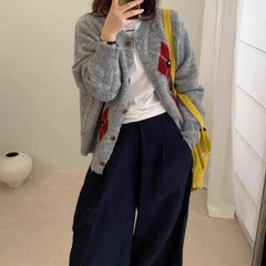 Ingvn - Women's Autumn Winter New Round Neck Color Block Argyle Knit Cardigan Loose Sweater Coat Chic Coquette Trendy Sweater
