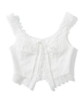 Ingvn Sexy White Spliced Lace Front Metal Hook Buttons Corset Women Back Bow Lacing up Strap Camisole Tank Tops Rope Crop Top