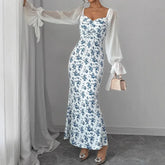 Ingvn Women's Long-sleeved V-neck Dress Chiffon Patchwork Knitted Printed Hip-hugging Long Skirt