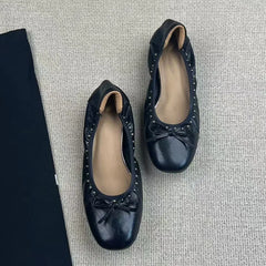 Ingvn Vintage Rivet Bowknot Women Ballet Pumps Comfortable Soft Leather 3cm Thick Heeled Lazy Loafers Spring Summer Casual Girls Shoes
